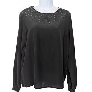Vintage 100% Silk Black Beaded Neckline Women's Blouse